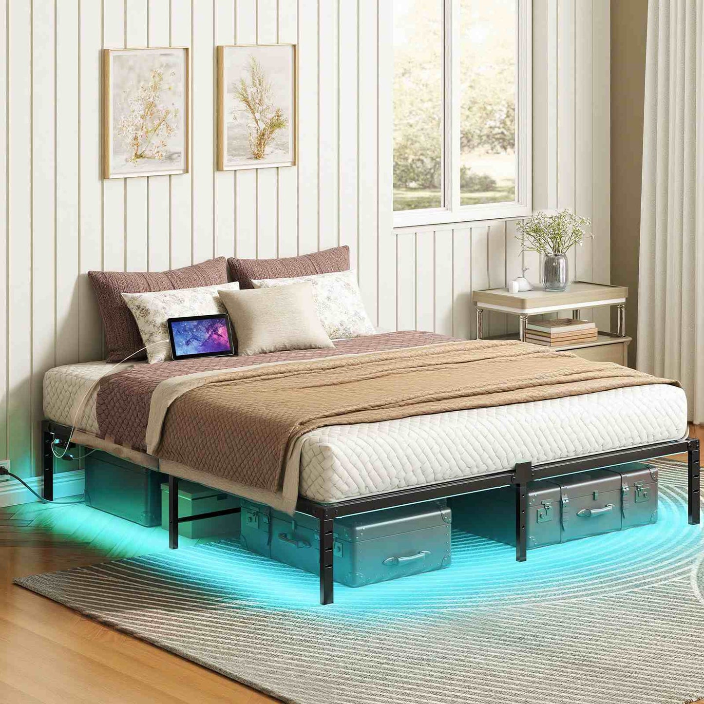 King Bed Frame with LED Lights Charging Station - Black