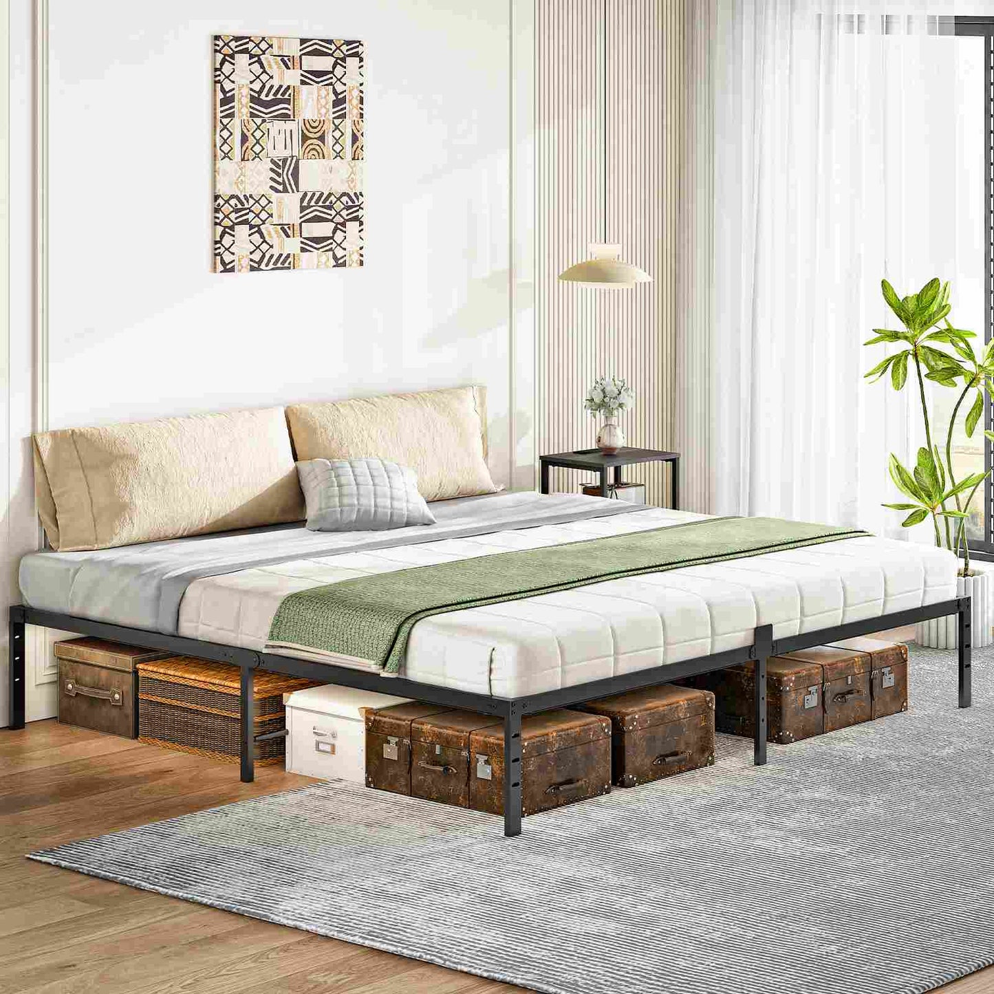 King Bed Frame with LED Lights Charging Station - Black
