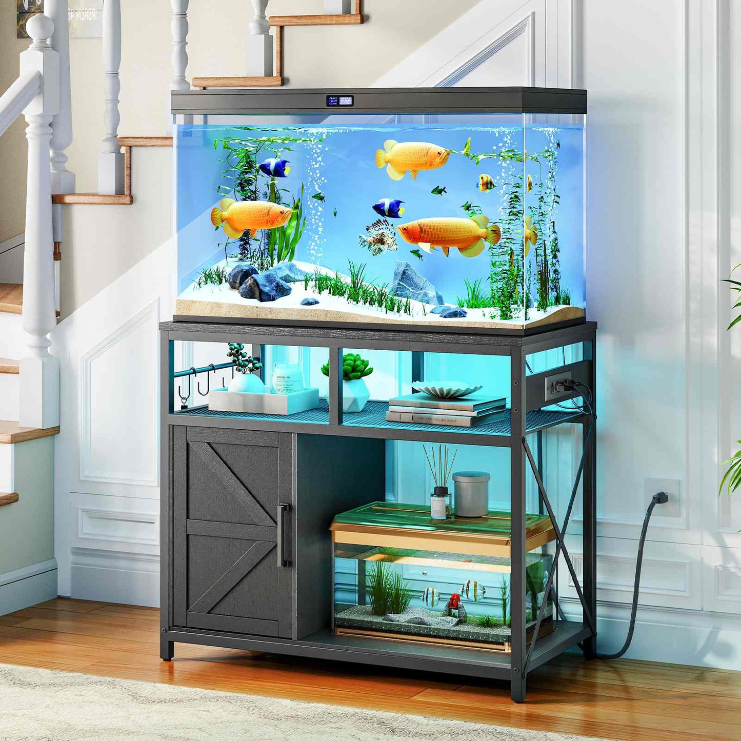 Aquarium Stand with Power Outlets, LED - Black
