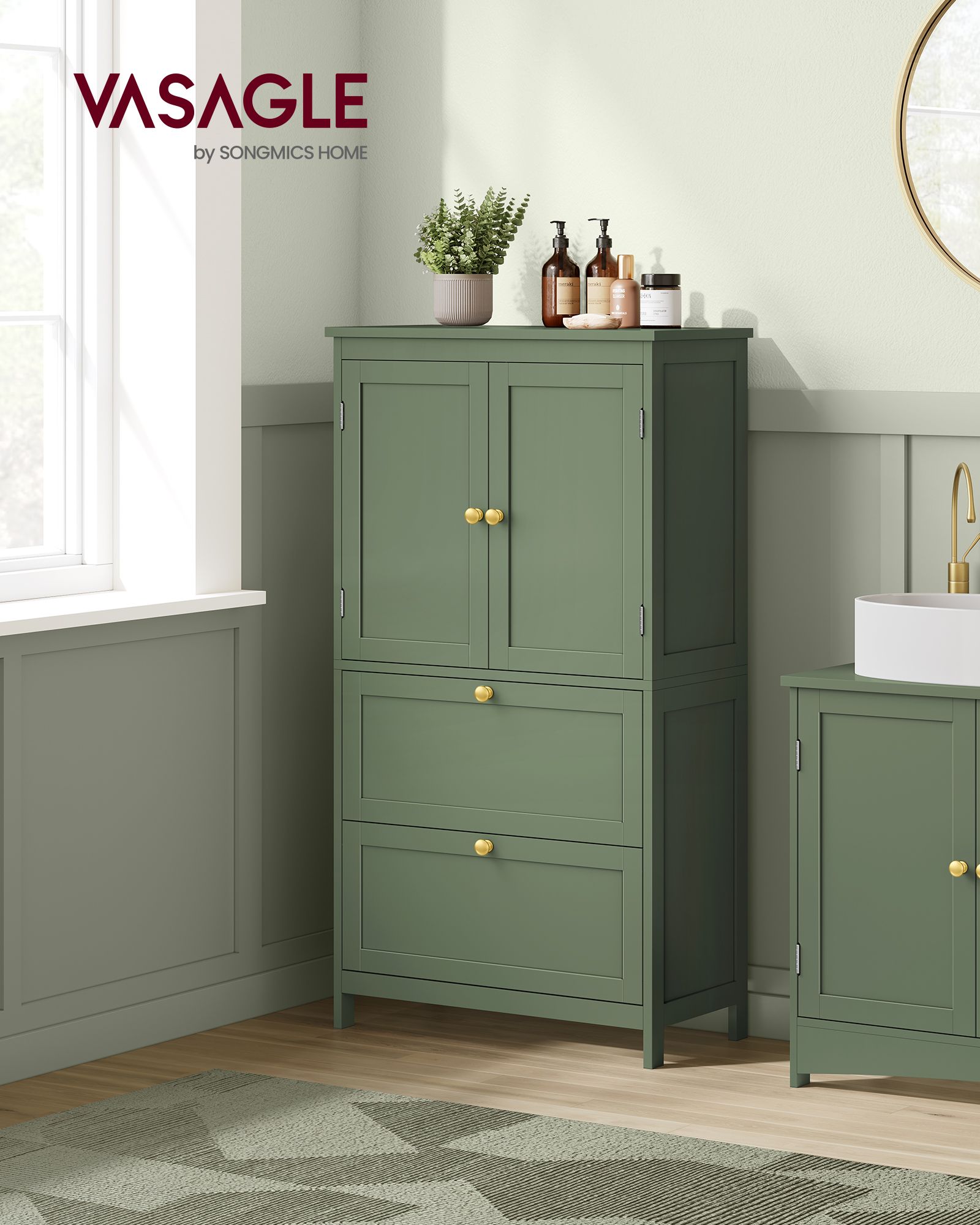 Bathroom Floor Storage Cabinet with 2 Drawers and 2 Doors - HWLEXTRA 