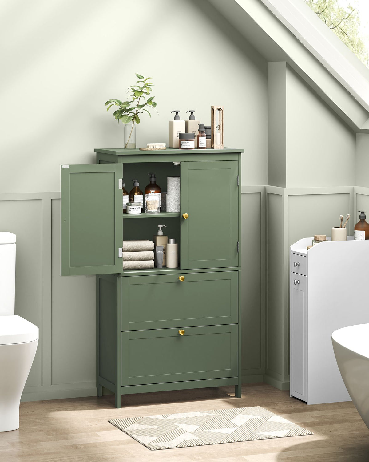 Bathroom Floor Storage Cabinet with 2 Drawers and 2 Doors - HWLEXTRA 