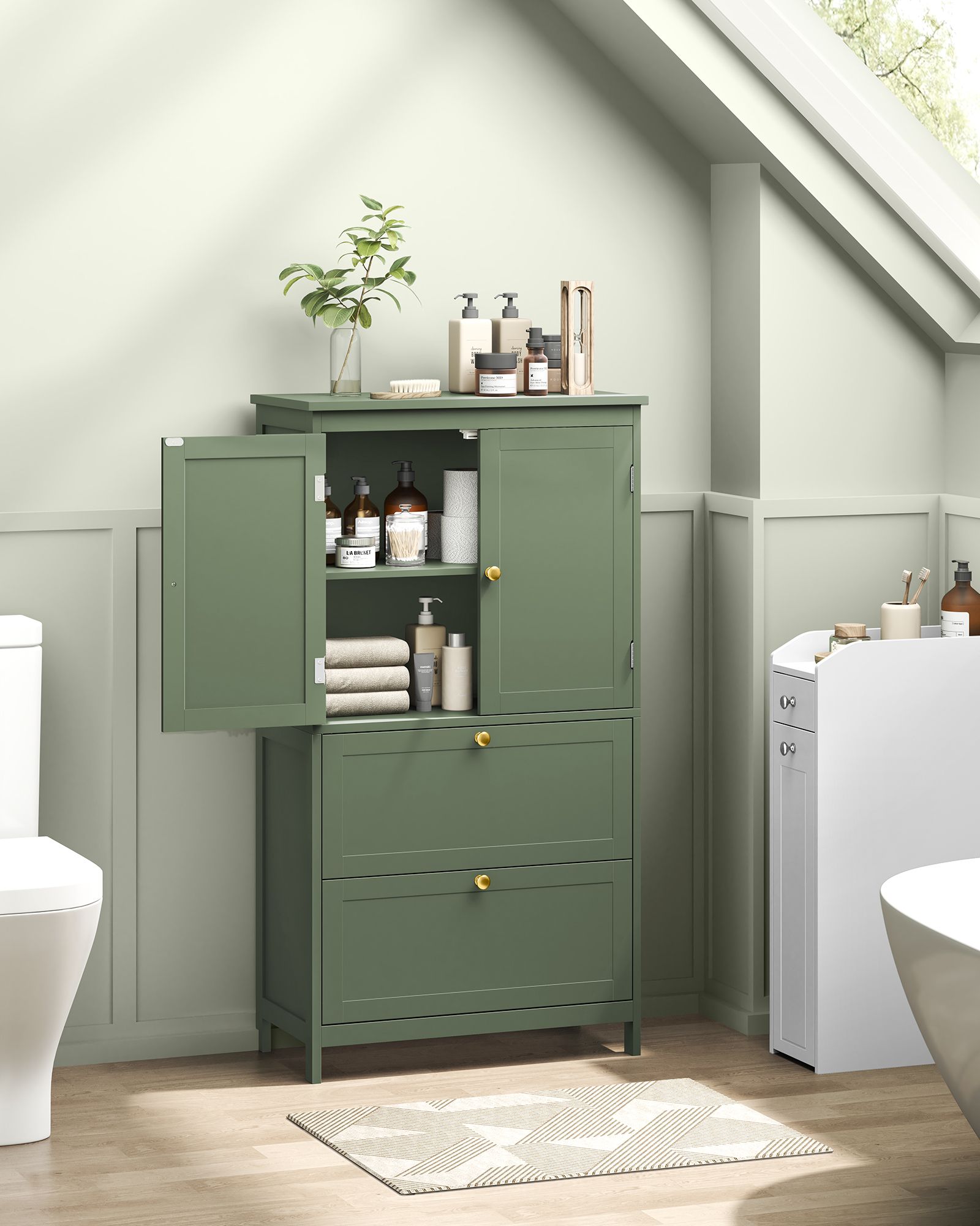 Bathroom Floor Storage Cabinet with 2 Drawers and 2 Doors - HWLEXTRA 