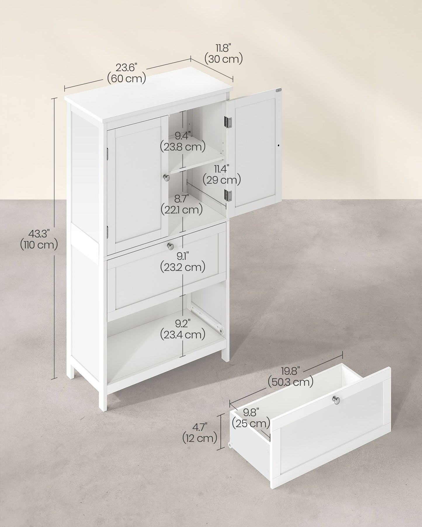 Mobile da Bagno con 2 Cassetti e Ripiano Regolabile 30 x 60 x 110 cm Bianco