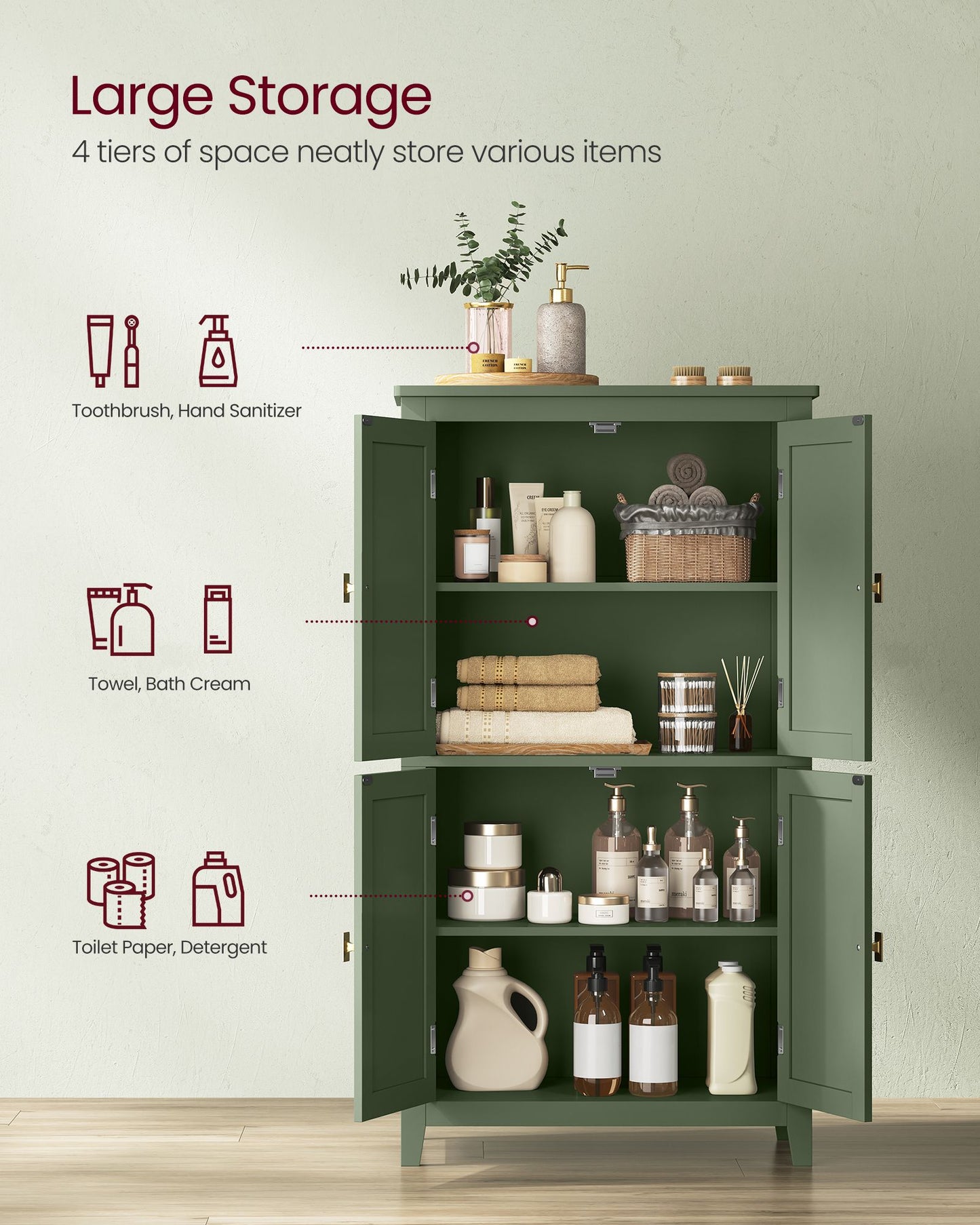 Bathroom Floor Storage Cabinet with 4 Doors