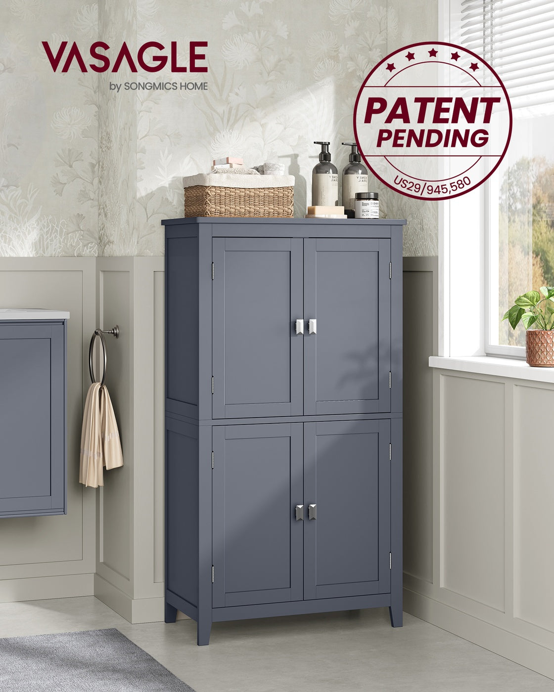 Bathroom Floor Storage Cabinet with 4 Doors