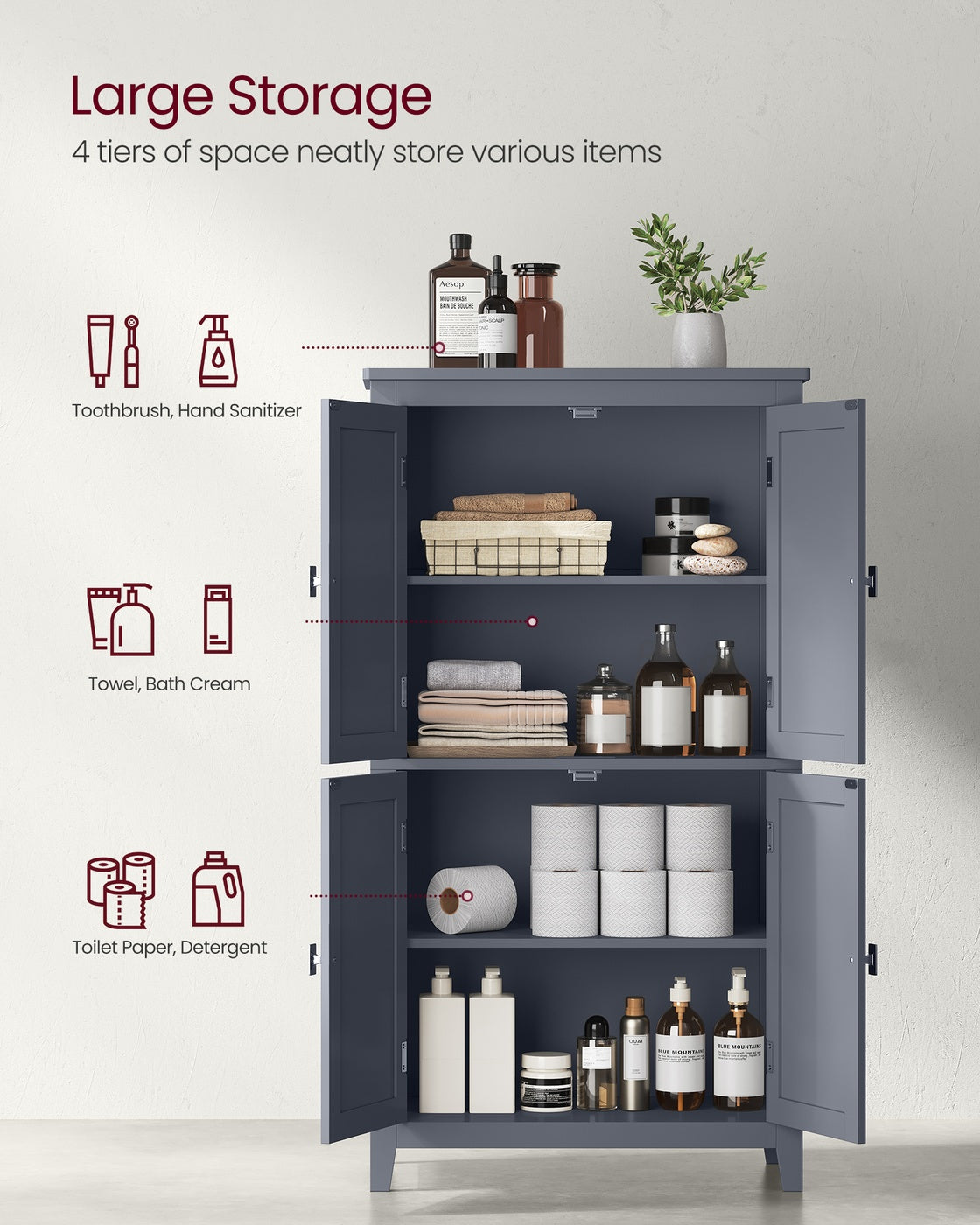 Bathroom Floor Storage Cabinet with 4 Doors