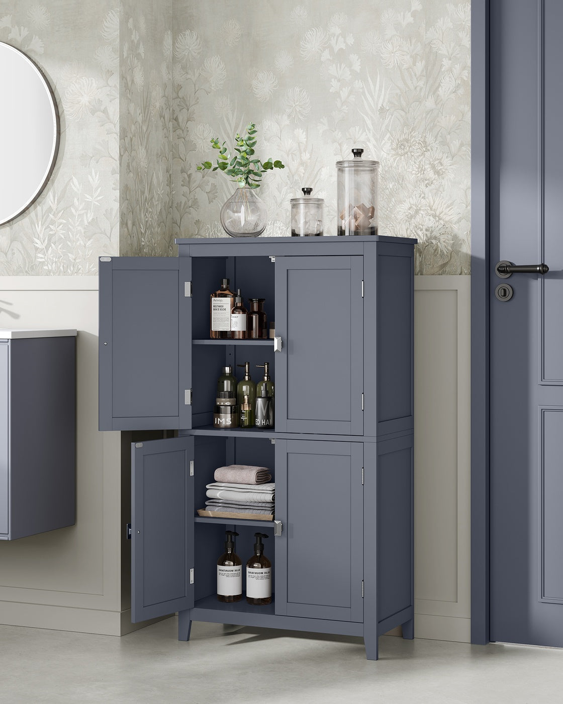 Bathroom Floor Storage Cabinet with 4 Doors