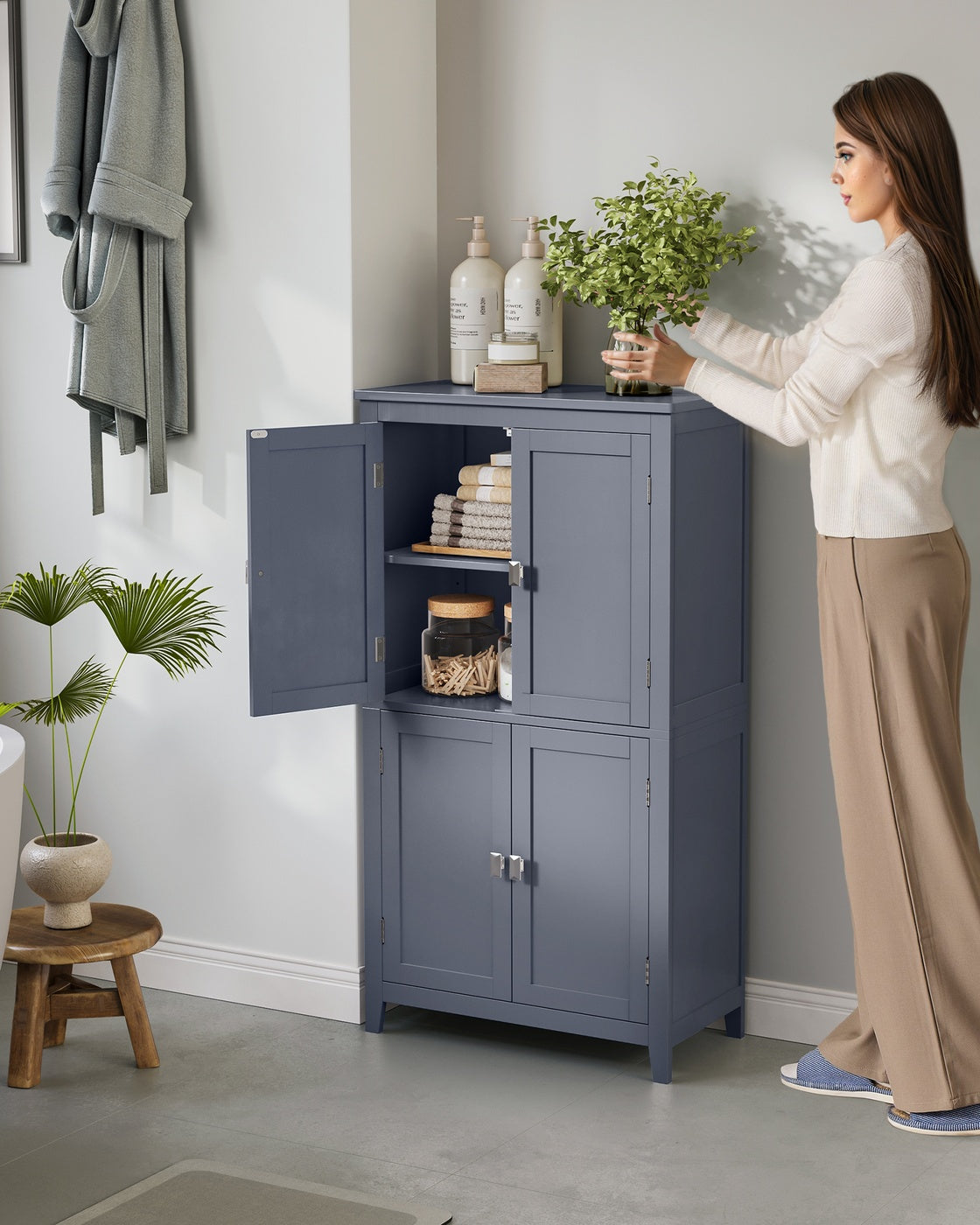 Bathroom Floor Storage Cabinet with 4 Doors