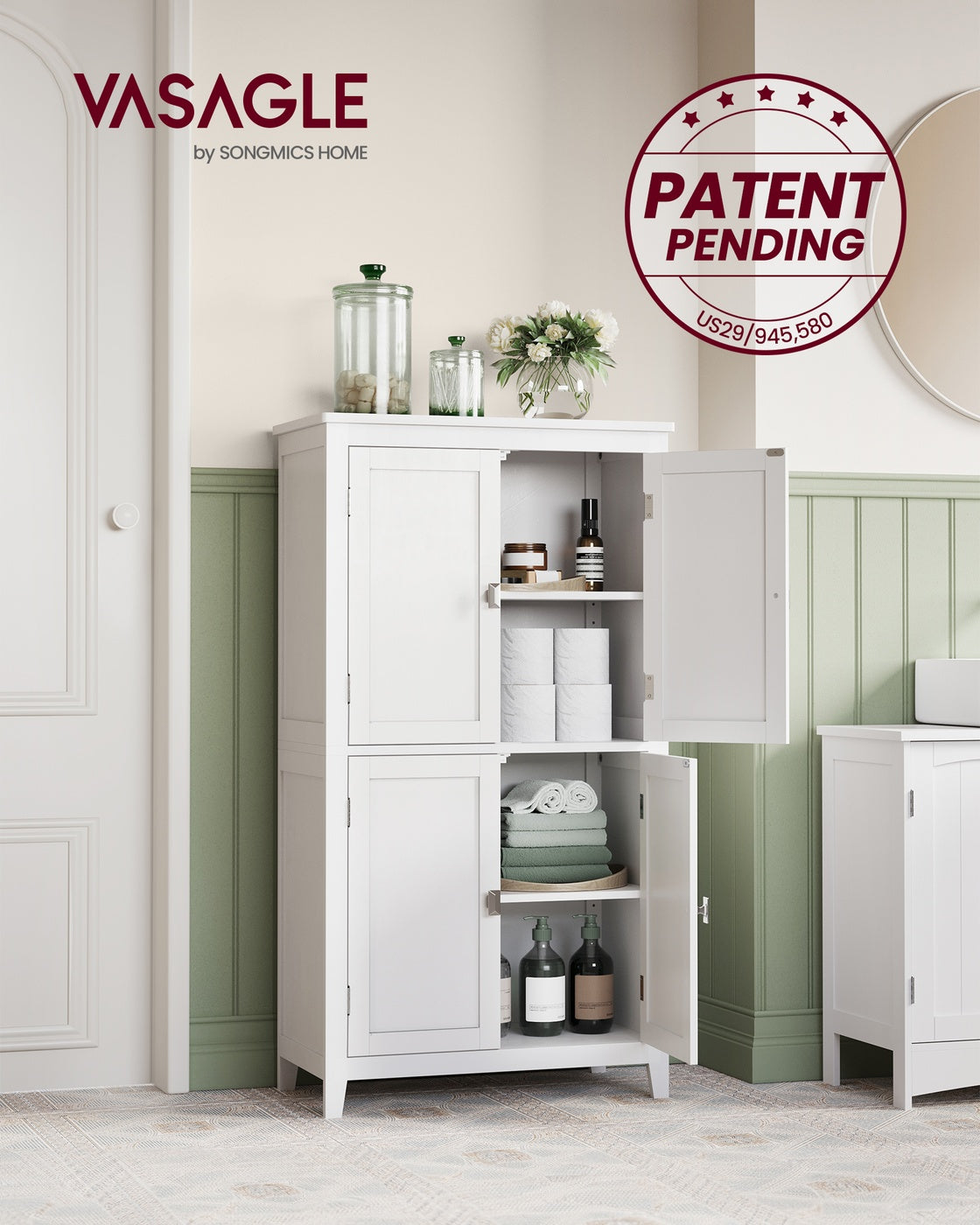 Bathroom Floor Storage Cabinet with 4 Doors