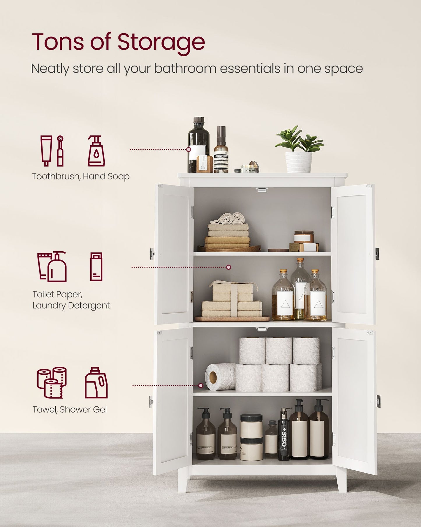 Bathroom Floor Storage Cabinet with 4 Doors