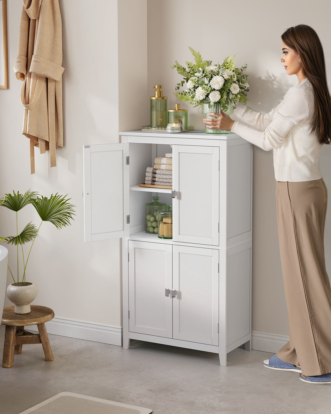 Bathroom Floor Storage Cabinet with 4 Doors