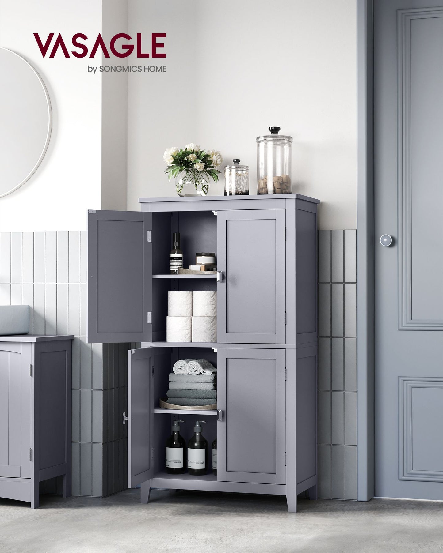 Bathroom Floor Storage Cabinet with 4 Doors