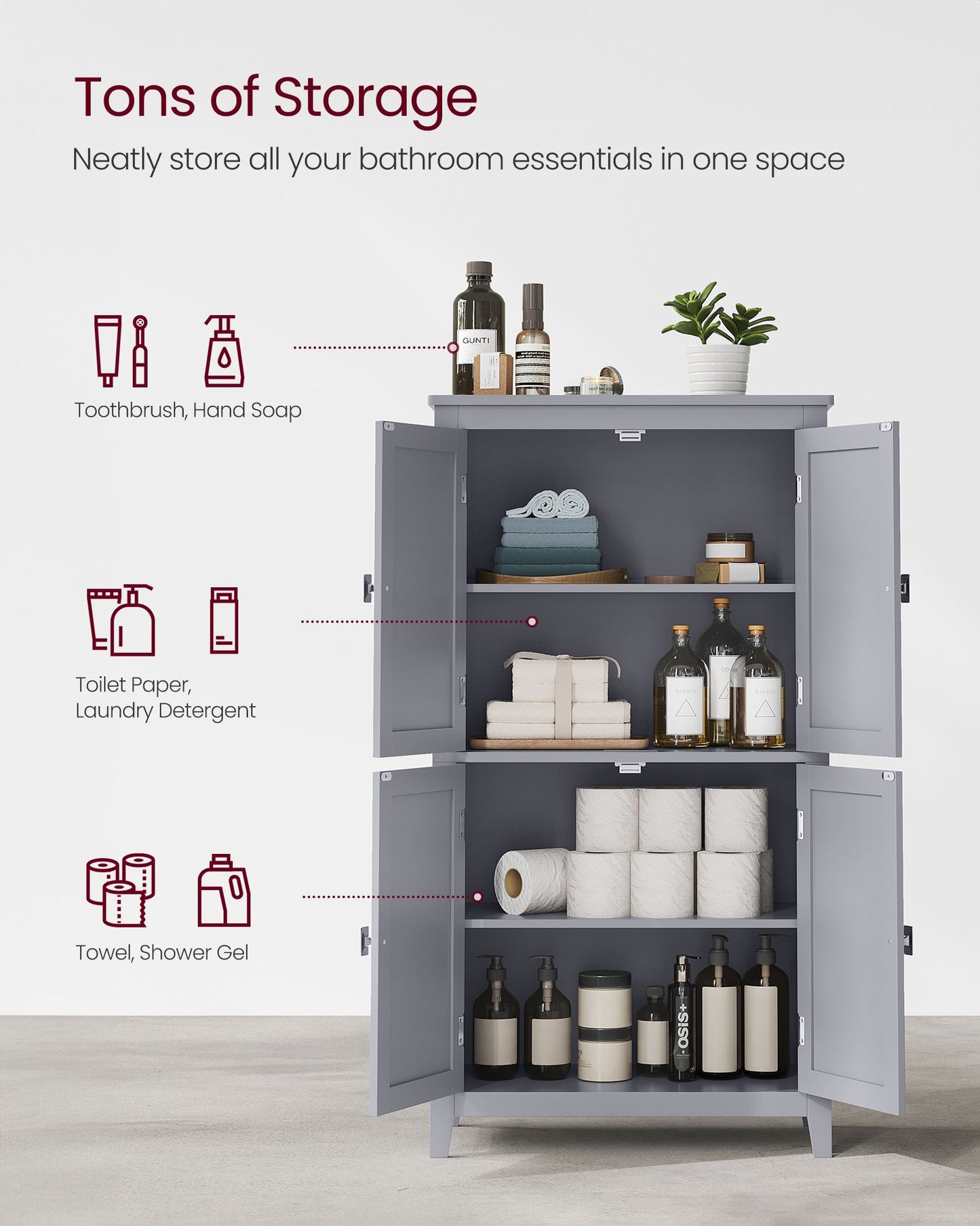 Bathroom Floor Storage Cabinet with 4 Doors