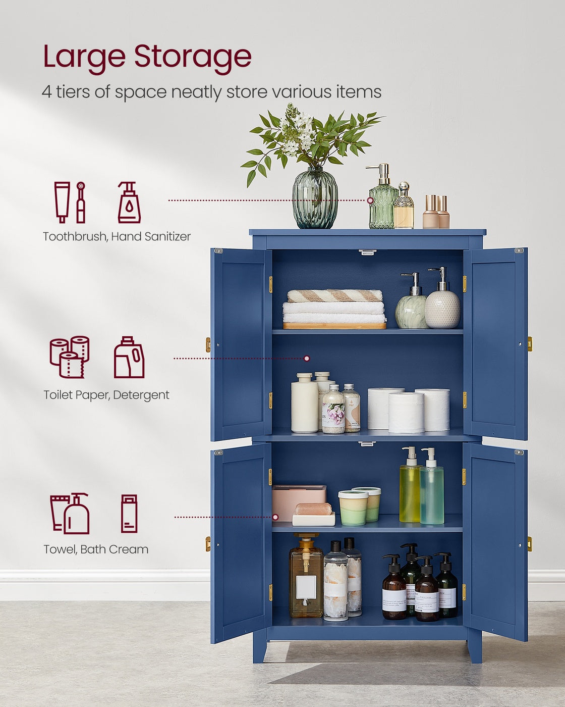 Bathroom Floor Storage Cabinet with 4 Doors