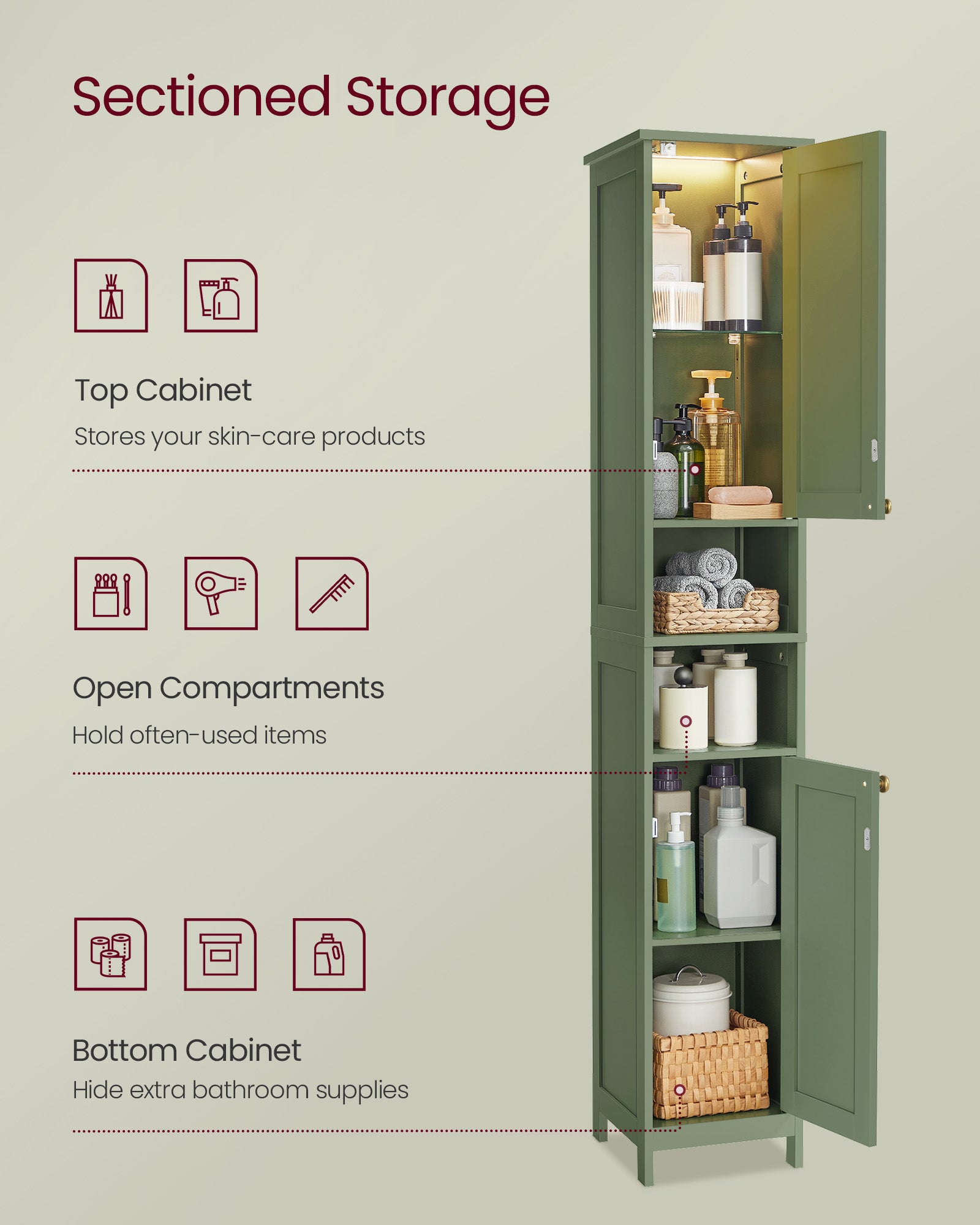 Tall Bathroom Cabinet with Lights - HWLEXTRA 