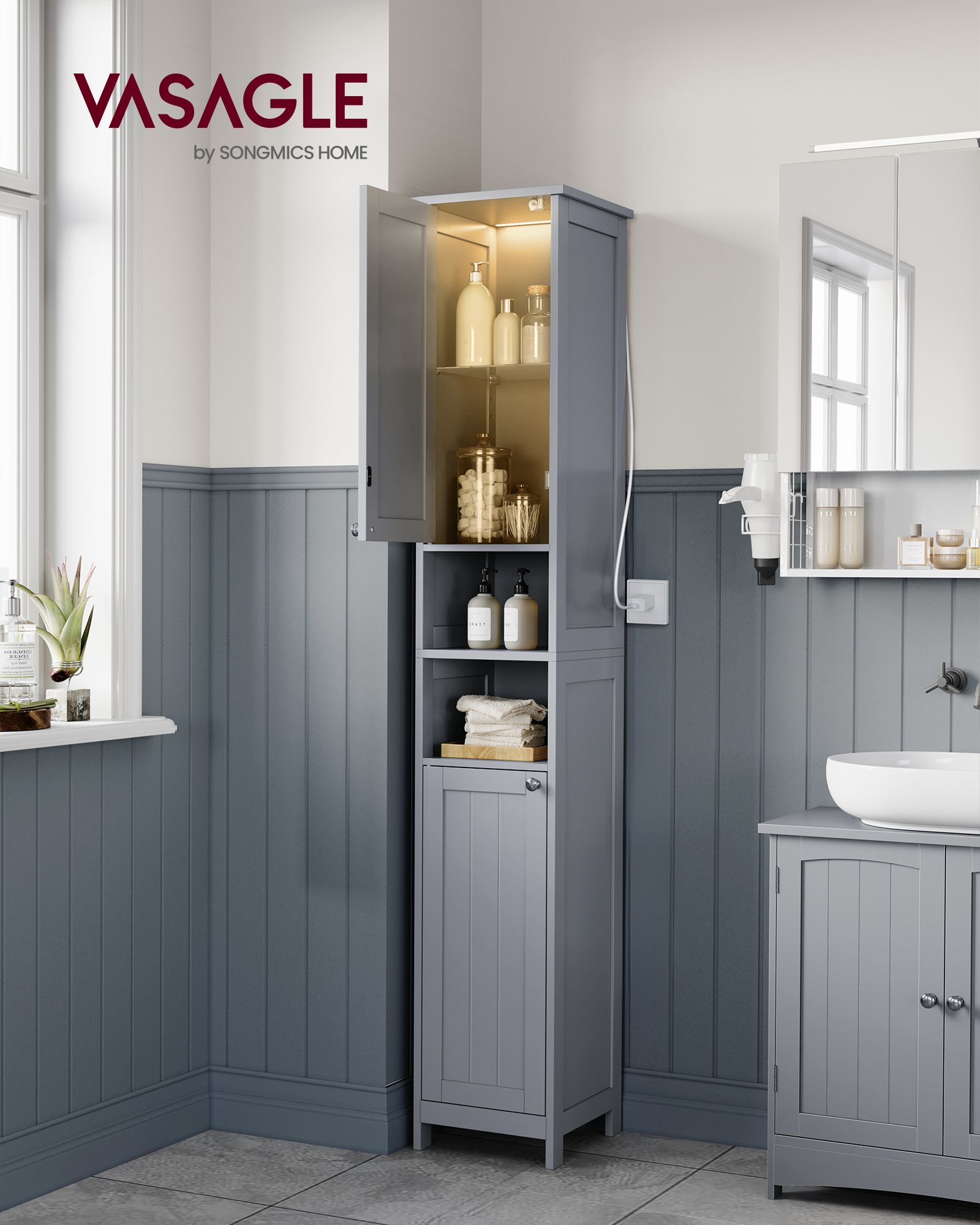 Tall Bathroom Cabinet with Lights - HWLEXTRA 
