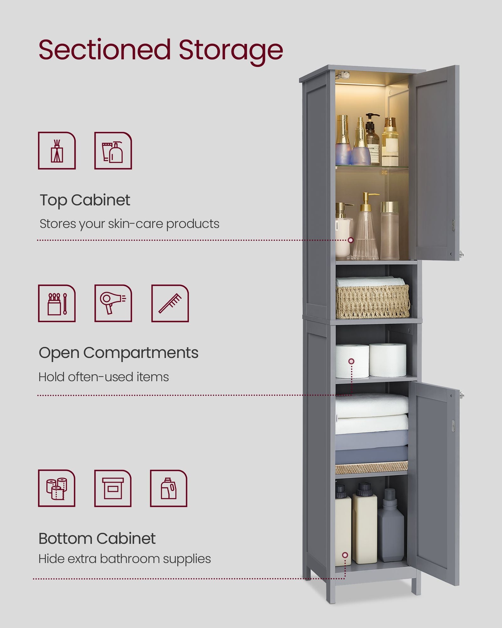 Tall Bathroom Cabinet with Lights - HWLEXTRA 