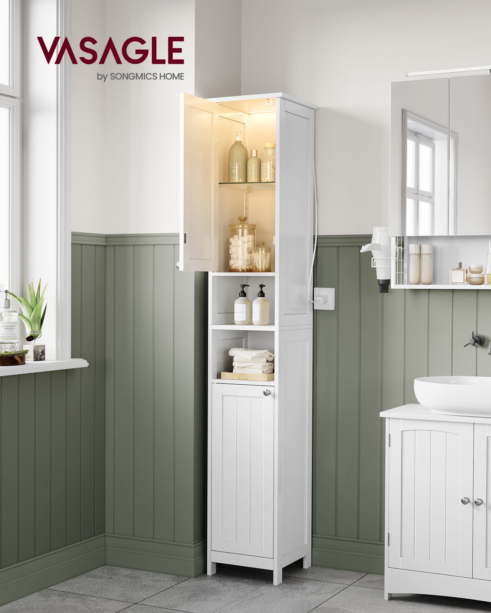 Tall Bathroom Cabinet with Lights - HWLEXTRA 