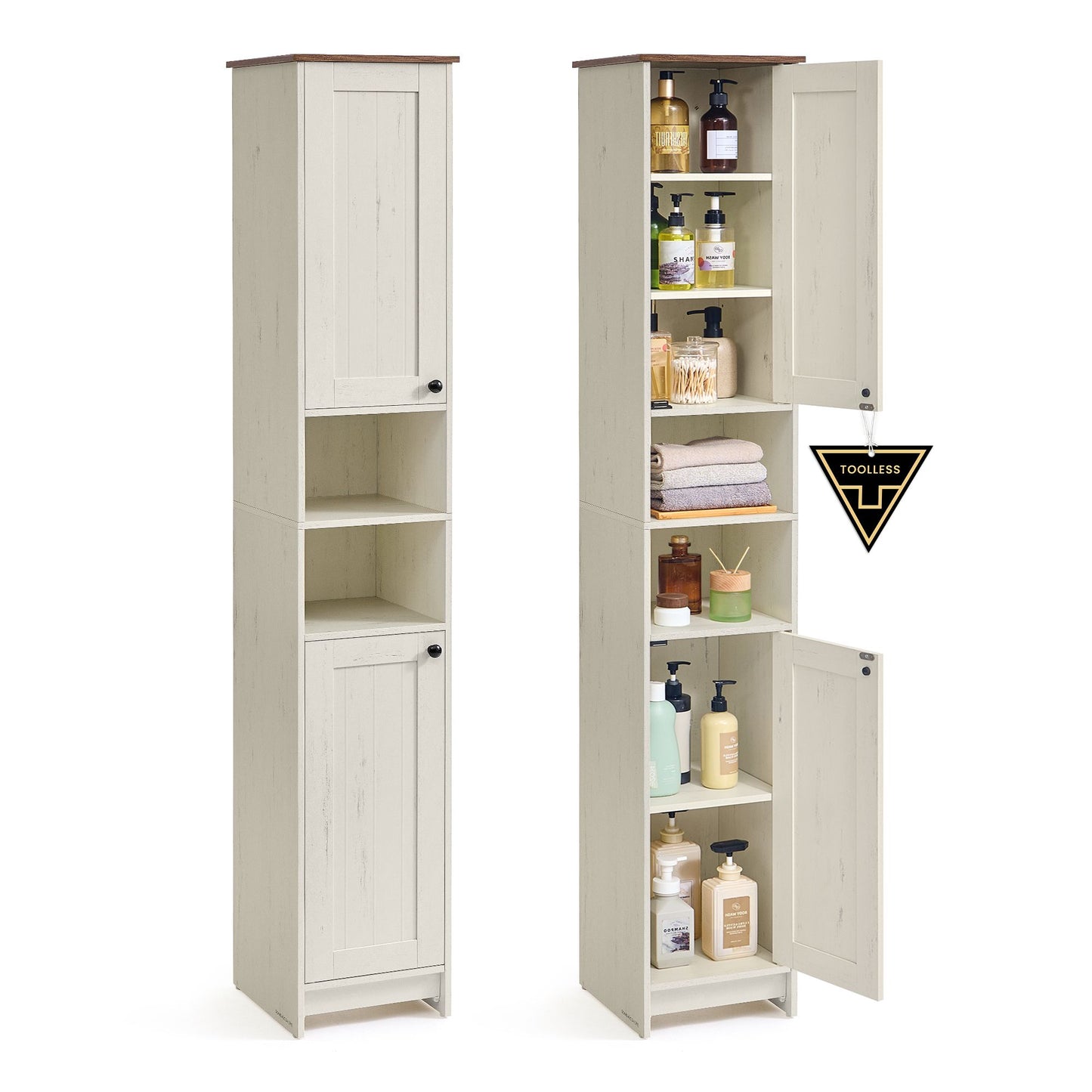Tall Storage Cabinet, Superfast Toolless Assembly, Slim Narrow Standing Cabinet with Adjustable Shelves, Open Compartments, for Bathroom Living Room, Rustic White