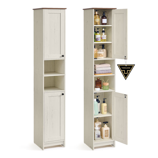 Tall Storage Cabinet, Superfast Toolless Assembly, Slim Narrow Standing Cabinet with Adjustable Shelves, Open Compartments, for Bathroom Living Room, Rustic White