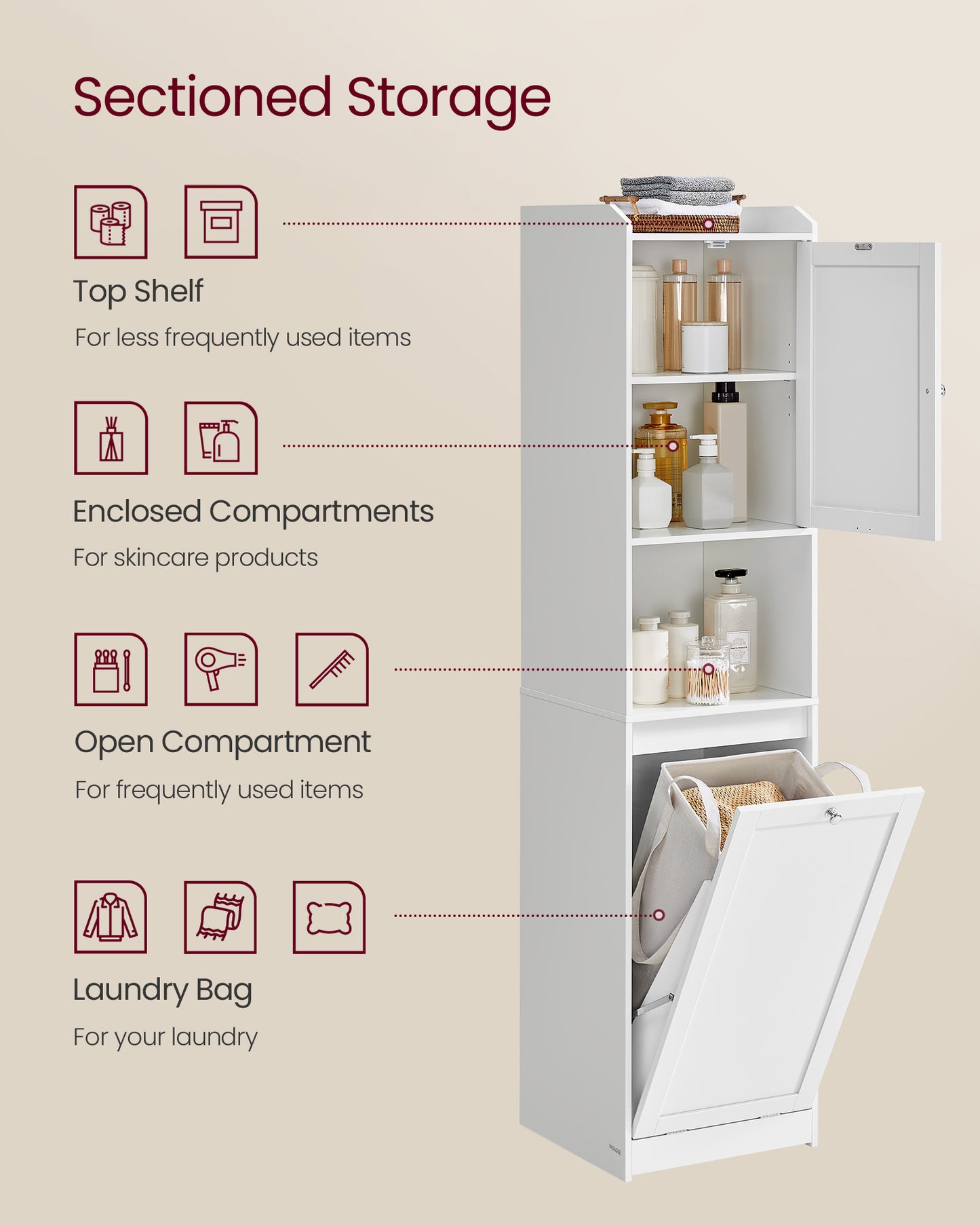 Tall Bathroom Cabinet with Laundry Basket Cloud White - image 3