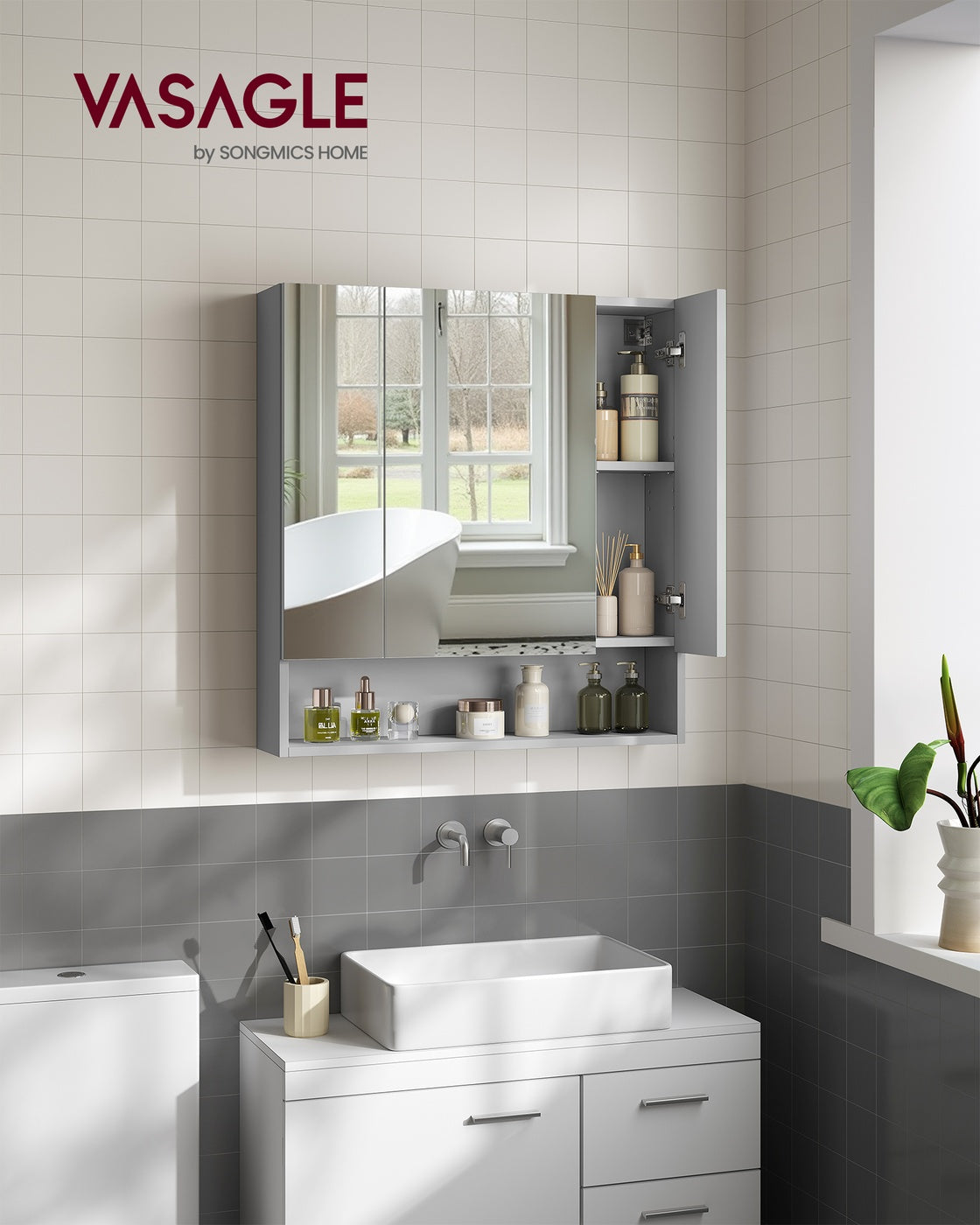 90 cm Wide Bathroom Mirror Cabinet with Shelves Cloud White - image 9