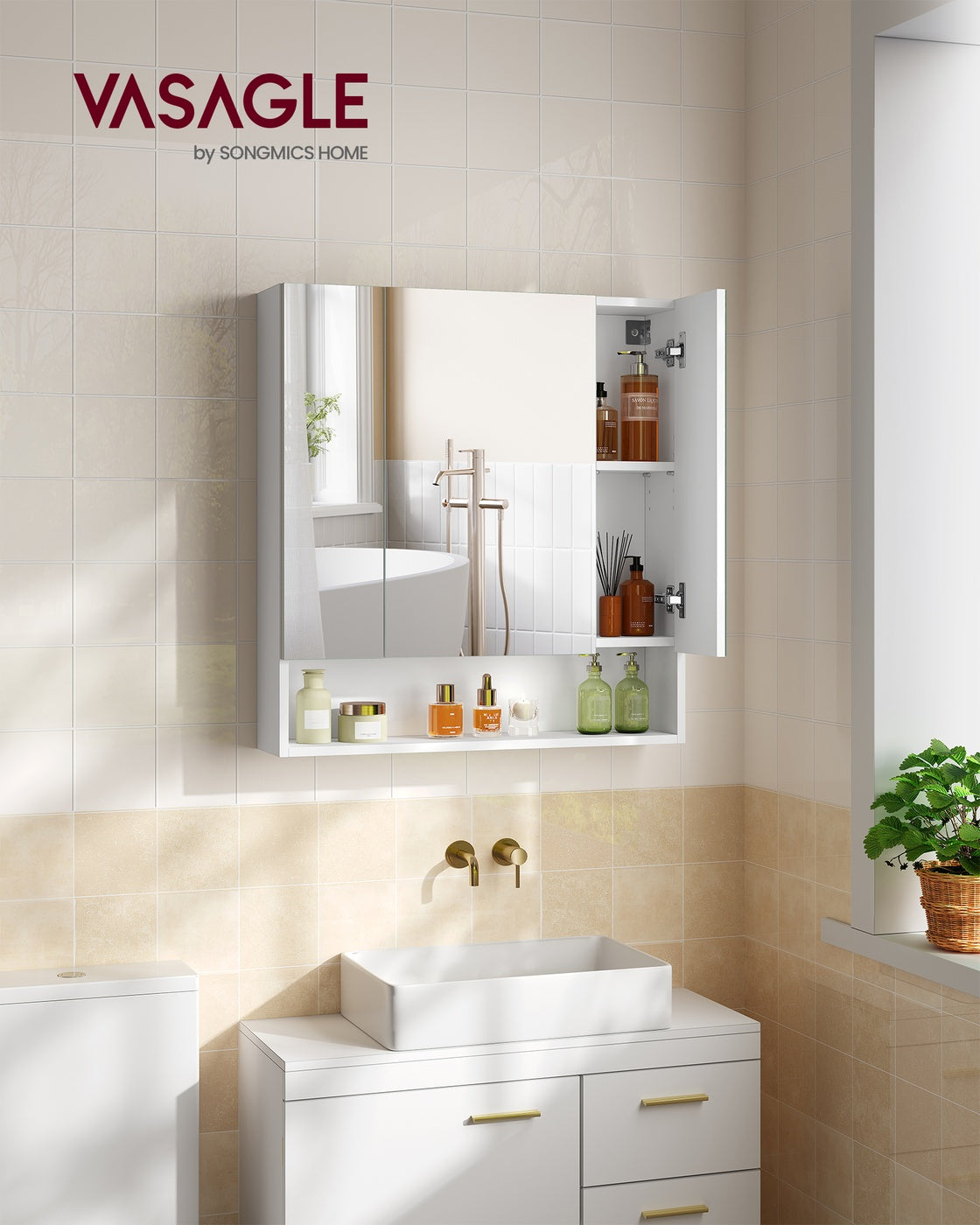 70 cm Wide Bathroom Mirror Cabinet with Shelves Cloud White - image 3
