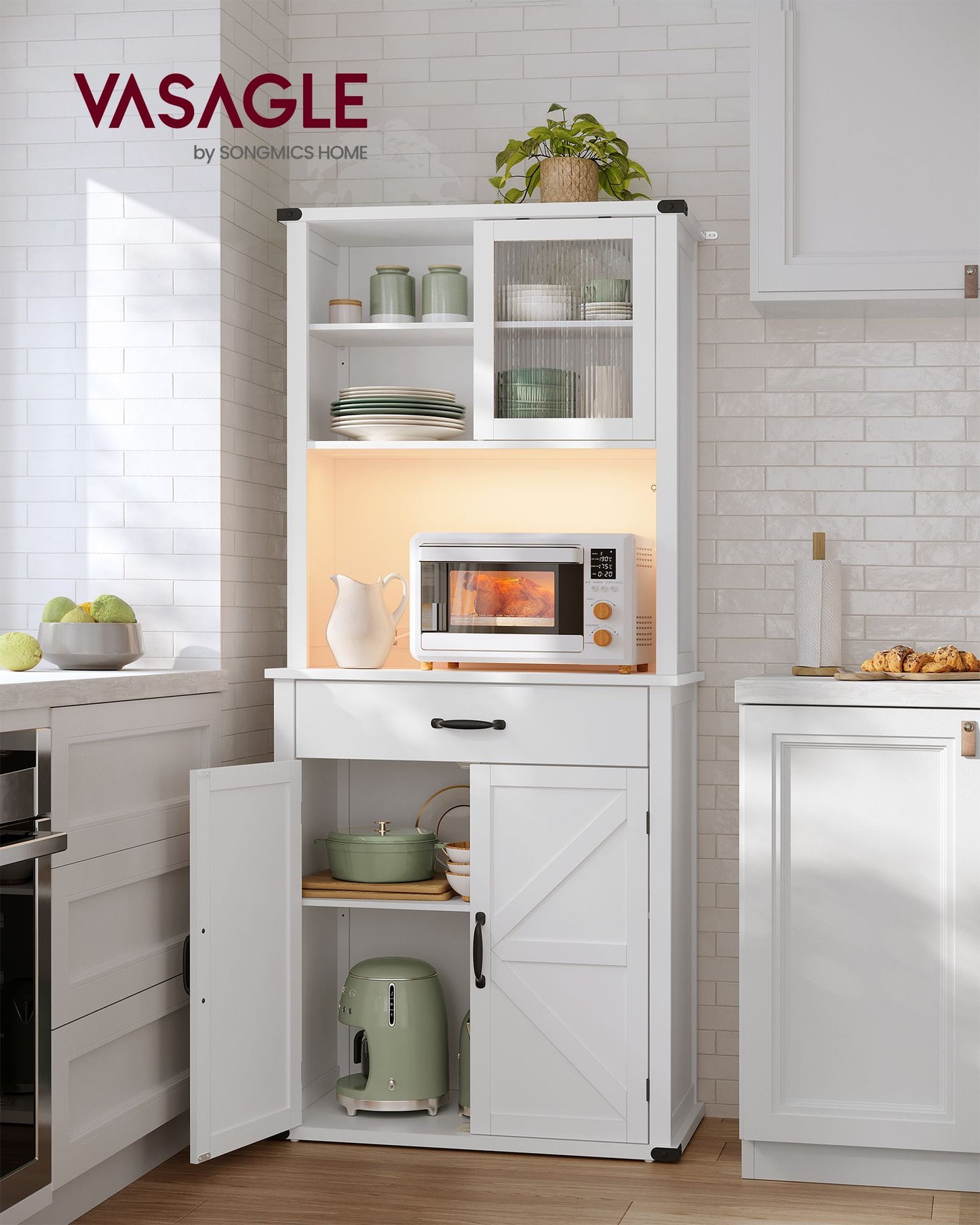 71" Pantry Cabinet with Lights and Charging Station