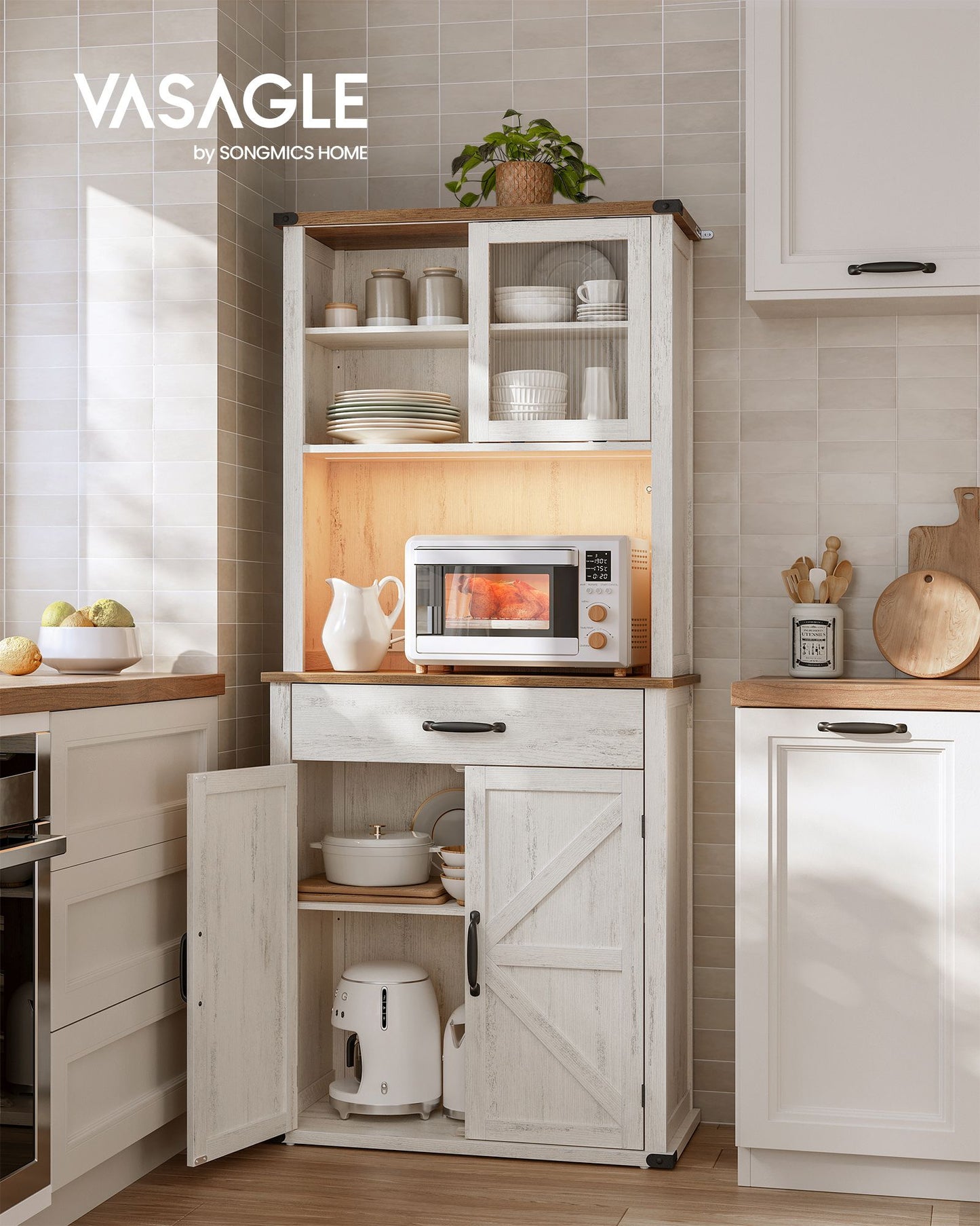 71" Pantry Cabinet with Lights and Charging Station