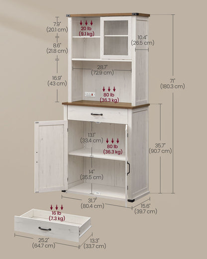 71" Pantry Cabinet with Lights and Charging Station