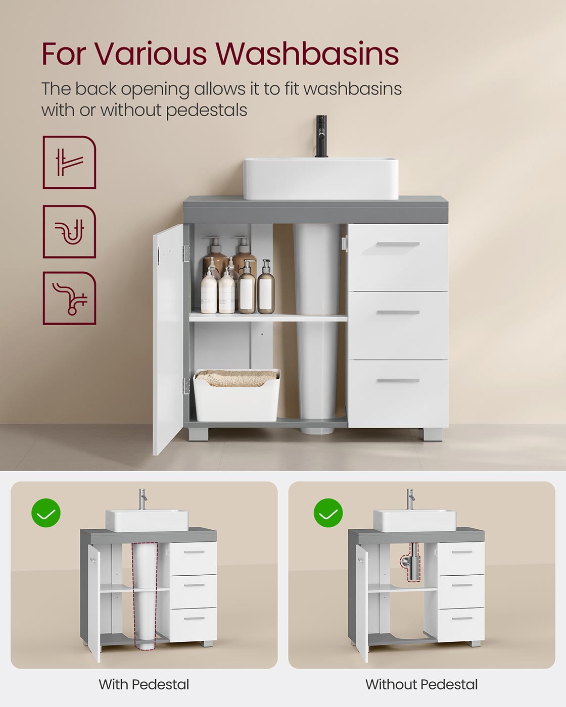 Under-Sink Bathroom Cabinet, 30 x 70 x 64 cm, Cloud White - image 14