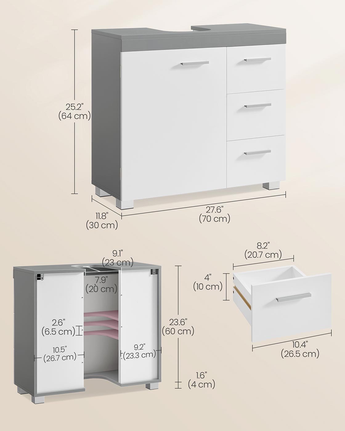 Under-Sink Bathroom Cabinet, 30 x 70 x 64 cm, Cloud White - image 17