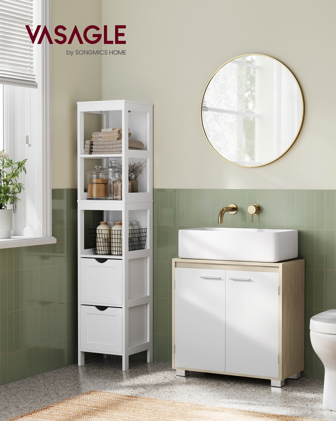 Under Sink Bathroom Cabinet with Storage Compartments, Natural Beige and Cloud White - image 2