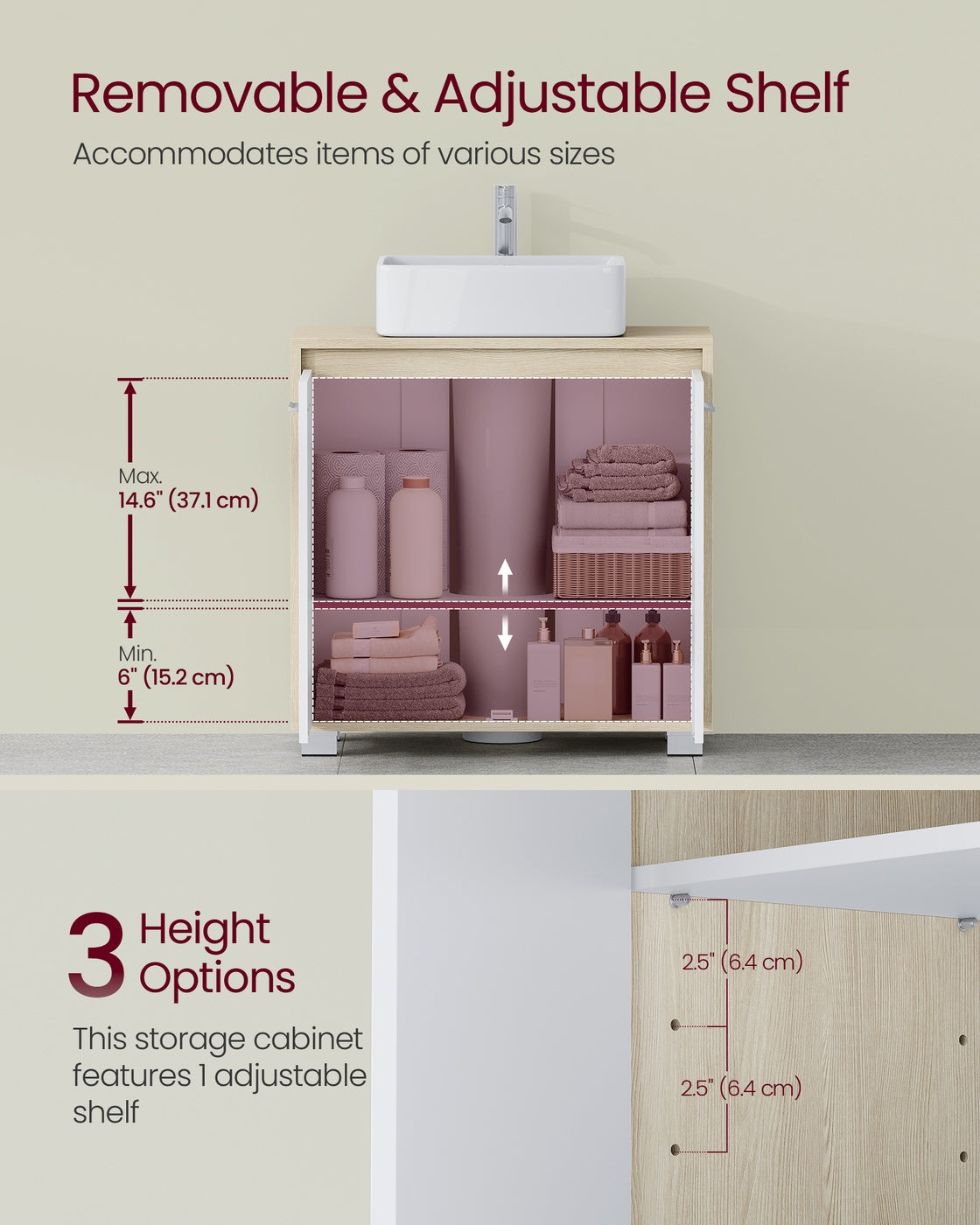 Under Sink Bathroom Cabinet with Storage Compartments, Natural Beige and Cloud White - image 3