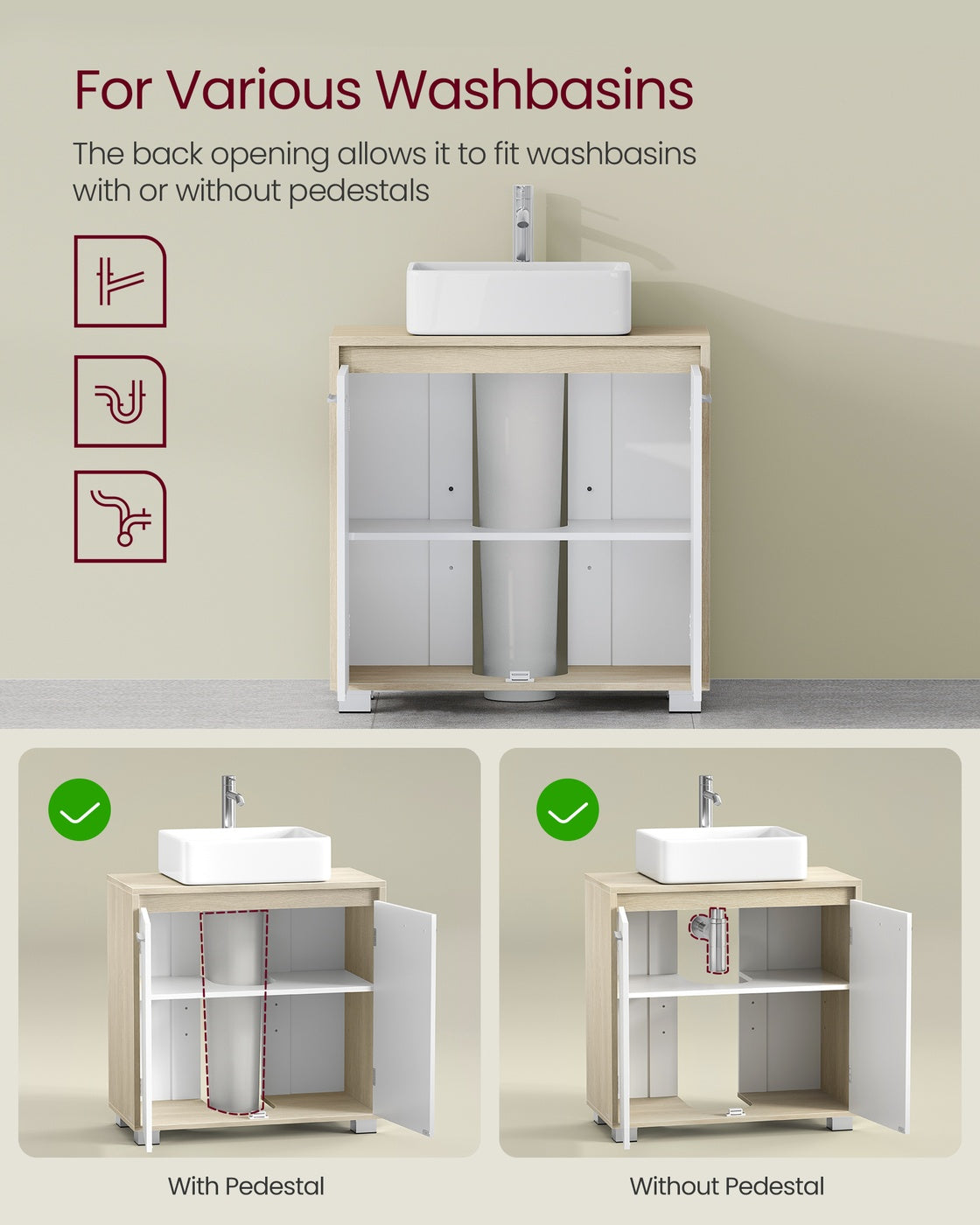 Under Sink Bathroom Cabinet with Storage Compartments, Natural Beige and Cloud White - image 4