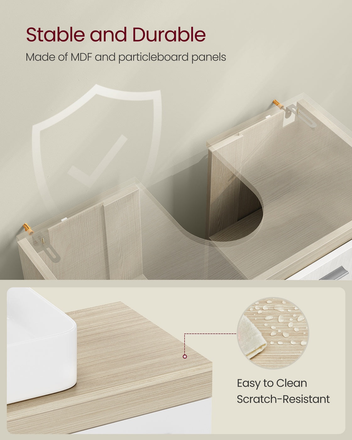Under Sink Bathroom Cabinet with Storage Compartments, Natural Beige and Cloud White - image 5