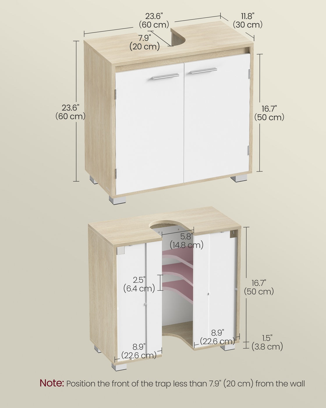 Under Sink Bathroom Cabinet with Storage Compartments, Natural Beige and Cloud White - image 6