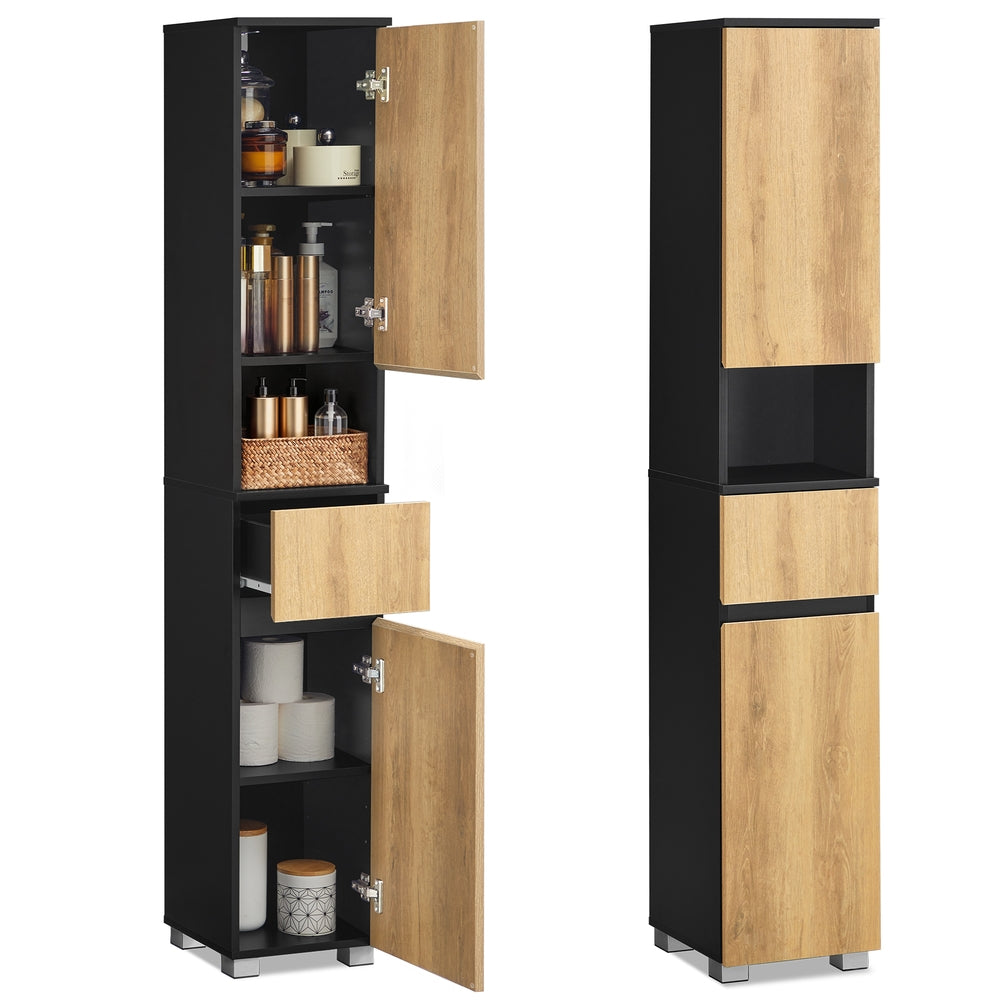 Tall Bathroom Cabinet Slim Storage Cabinet 30 x 30 x 170.2 cm Ink Black and Natural Brown - image 1