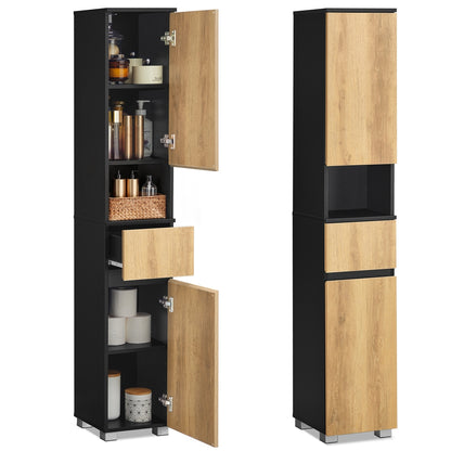 Tall Bathroom Cabinet Slim Storage Cabinet 30 x 30 x 170.2 cm Ink Black and Natural Brown - image 1