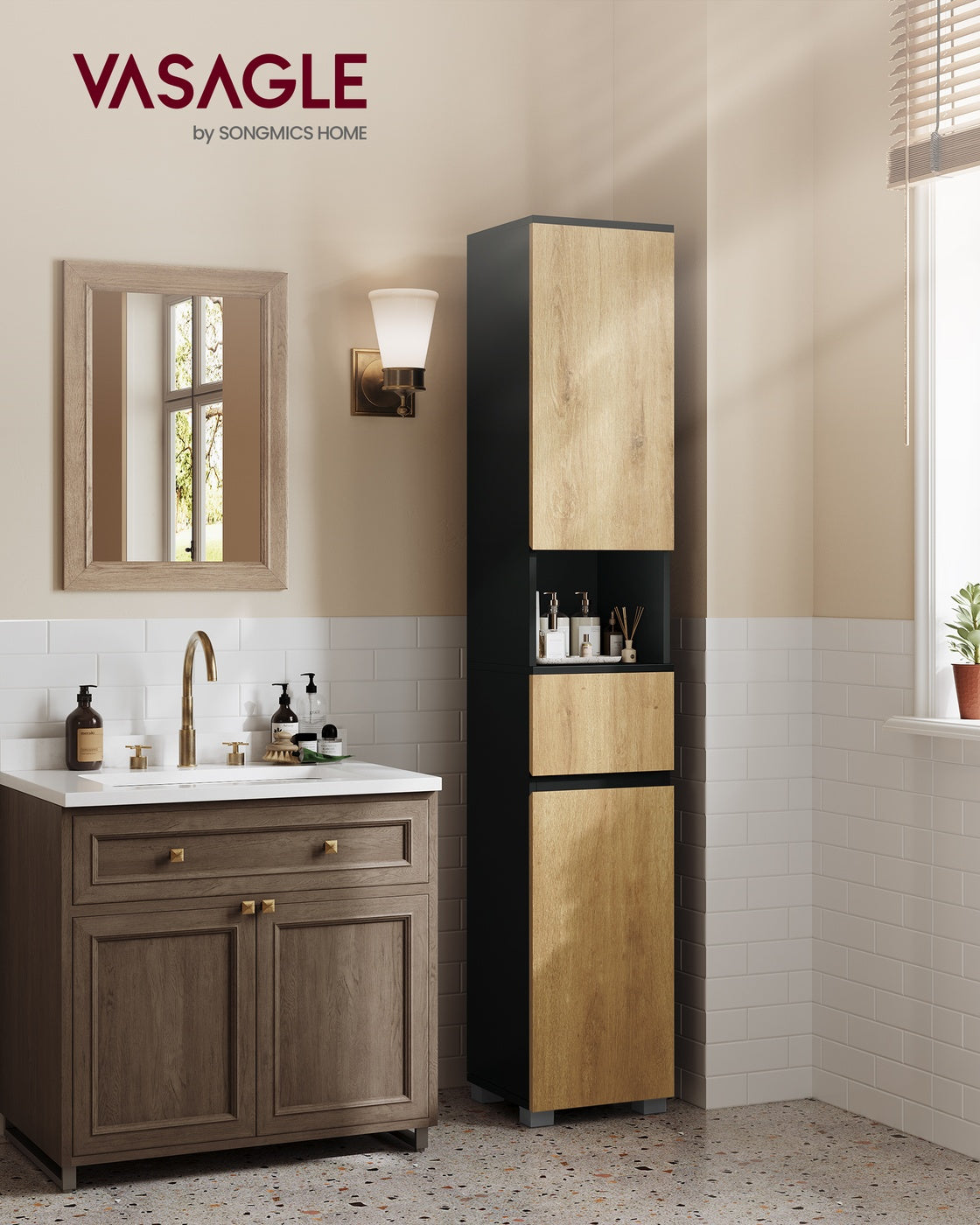 Tall Bathroom Cabinet Slim Storage Cabinet 30 x 30 x 170.2 cm Ink Black and Natural Brown - image 2