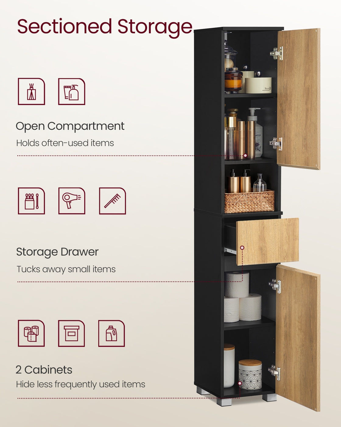 Tall Bathroom Cabinet Slim Storage Cabinet 30 x 30 x 170.2 cm Ink Black and Natural Brown - image 3