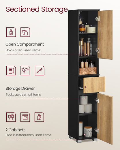 Tall Bathroom Cabinet Slim Storage Cabinet 30 x 30 x 170.2 cm Ink Black and Natural Brown - image 3