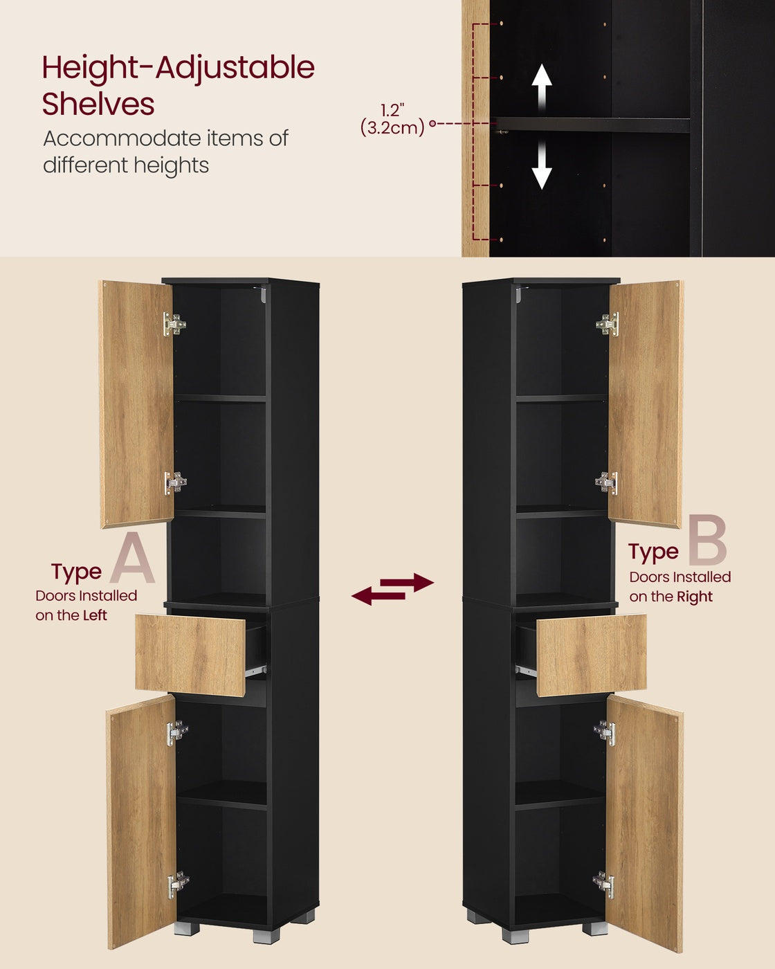 Tall Bathroom Cabinet Slim Storage Cabinet 30 x 30 x 170.2 cm Ink Black and Natural Brown - image 4