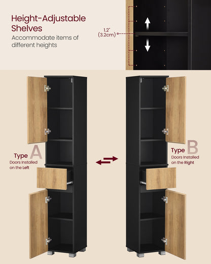 Tall Bathroom Cabinet Slim Storage Cabinet 30 x 30 x 170.2 cm Ink Black and Natural Brown - image 4