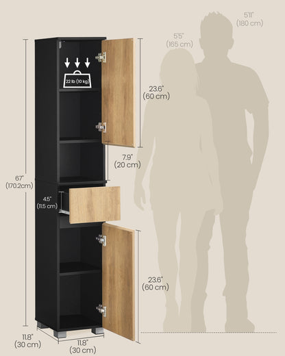 Tall Bathroom Cabinet Slim Storage Cabinet 30 x 30 x 170.2 cm Ink Black and Natural Brown - image 5