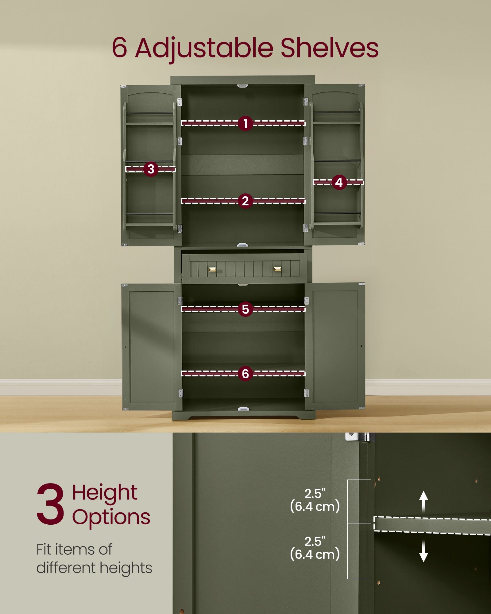 Pantry Cabinet, 15.7 x 30 x 71.7 Inches, Freestanding Tall Cupboard Storage Cabinet with a Drawer - HWLEXTRA 