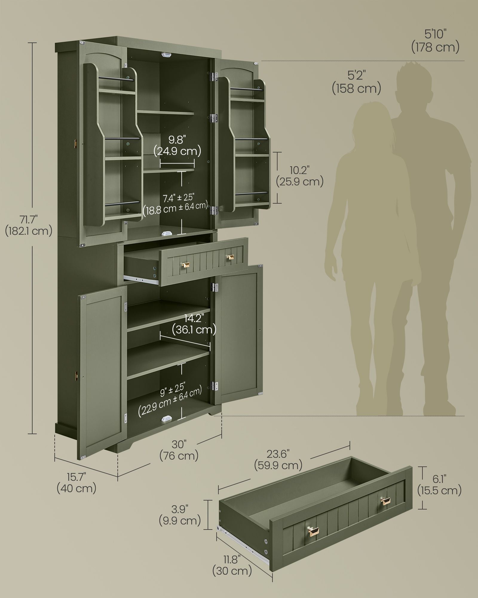 Pantry Cabinet, 15.7 x 30 x 71.7 Inches, Freestanding Tall Cupboard Storage Cabinet with a Drawer - HWLEXTRA 