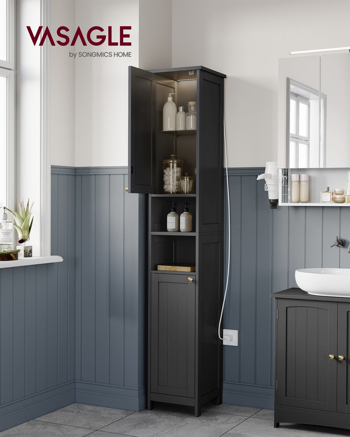 Tall Storage Cabinet with Lights Matte Black - image 2
