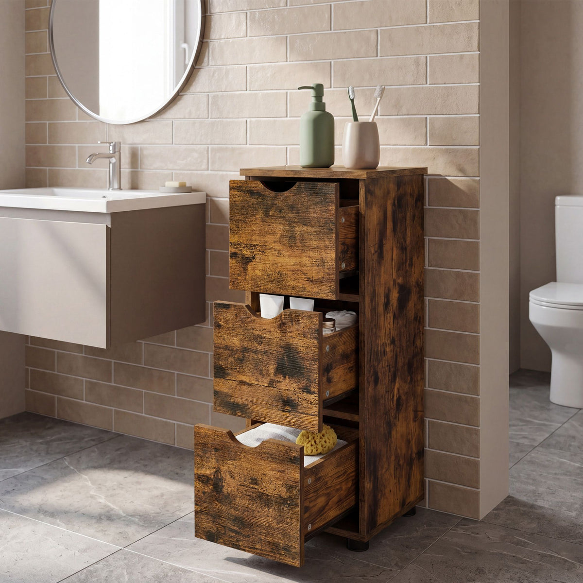 Bathroom Storage Cabinet, Storage Tower with 3 Drawers, Space-Saving for Living Room, Bedroom, Kitchen