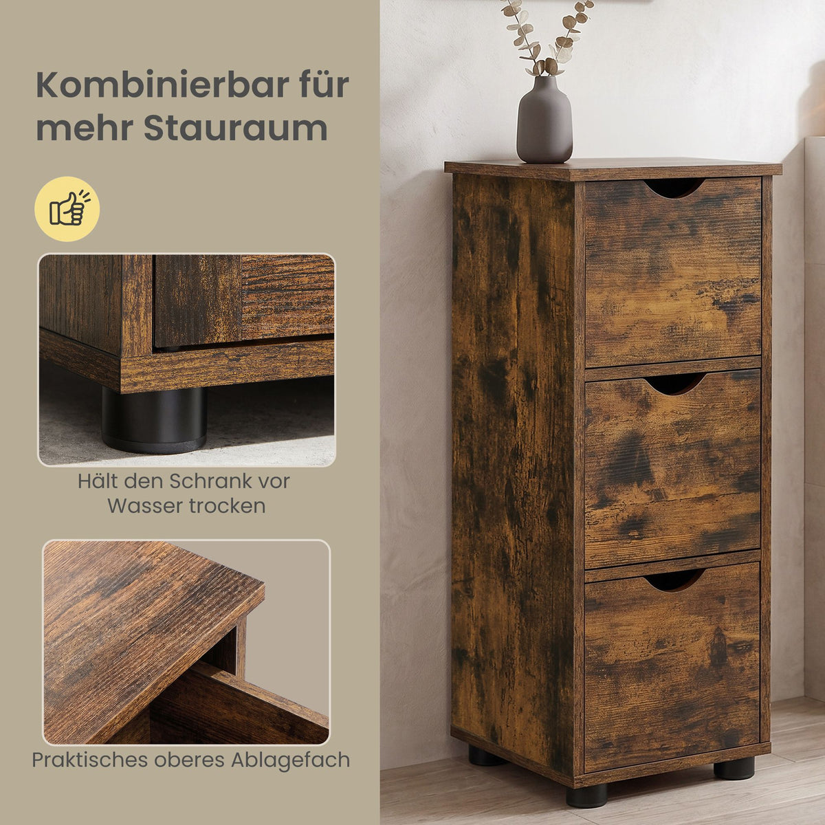 Bathroom Storage Cabinet, Storage Tower with 3 Drawers, Space-Saving for Living Room, Bedroom, Kitchen